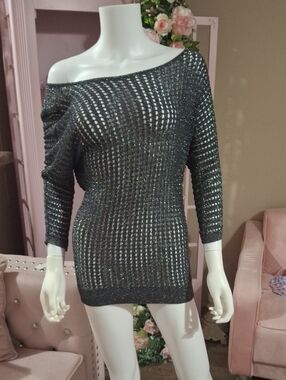 EXPRESS Metallic Black Shimmery Open-Knit Off-Shoulder Women’s Sweater